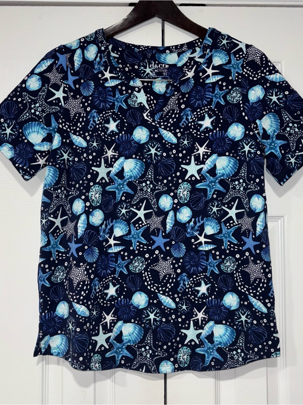 d & co Active Women’s Navy Blue Beach Seashell Coastal Print Shirt XS